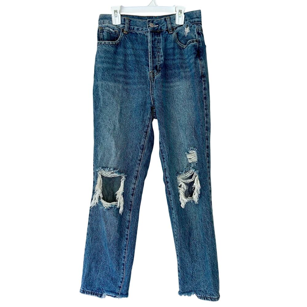 PacSun High Rise Straight Leg Distressed Jeans Blue 100% Cotton Raw Hem Size 27